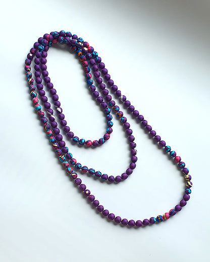 Printed Silk Wrapped Bead Necklace / Purple / 110cm / 44in