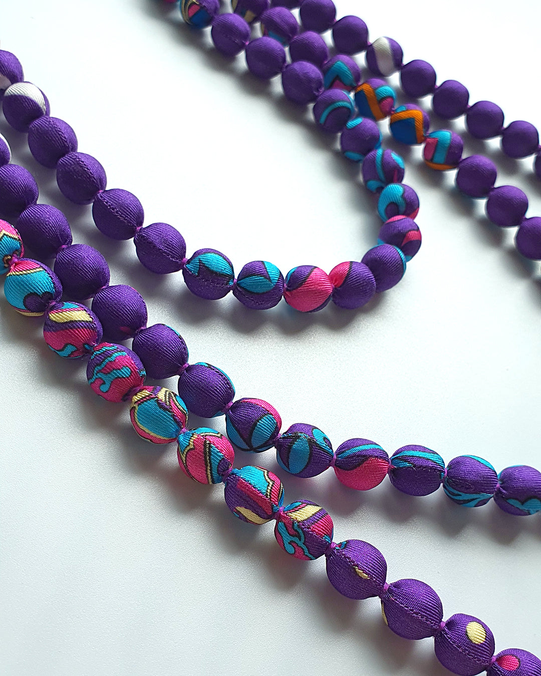Printed Silk Wrapped Bead Necklace / Purple / 110cm / 44in