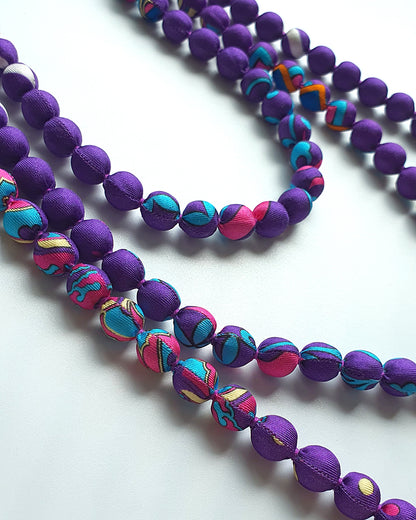 Printed Silk Wrapped Bead Necklace / Purple / 110cm / 44in