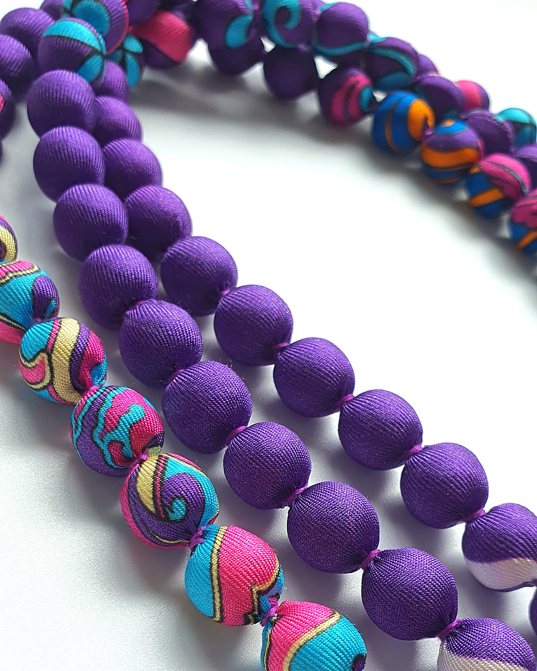 Printed Silk Wrapped Bead Necklace / Purple / 110cm / 44in