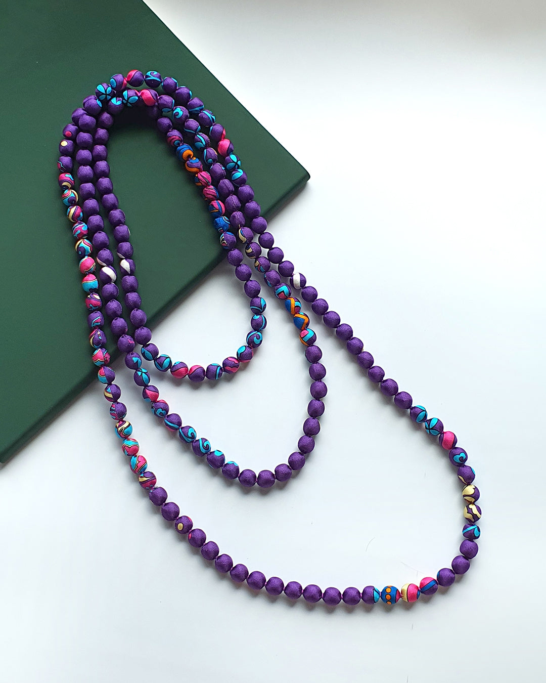 Printed Silk Wrapped Bead Necklace / Purple / 110cm / 44in