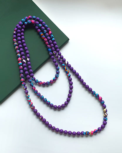 Printed Silk Wrapped Bead Necklace / Purple / 110cm / 44in