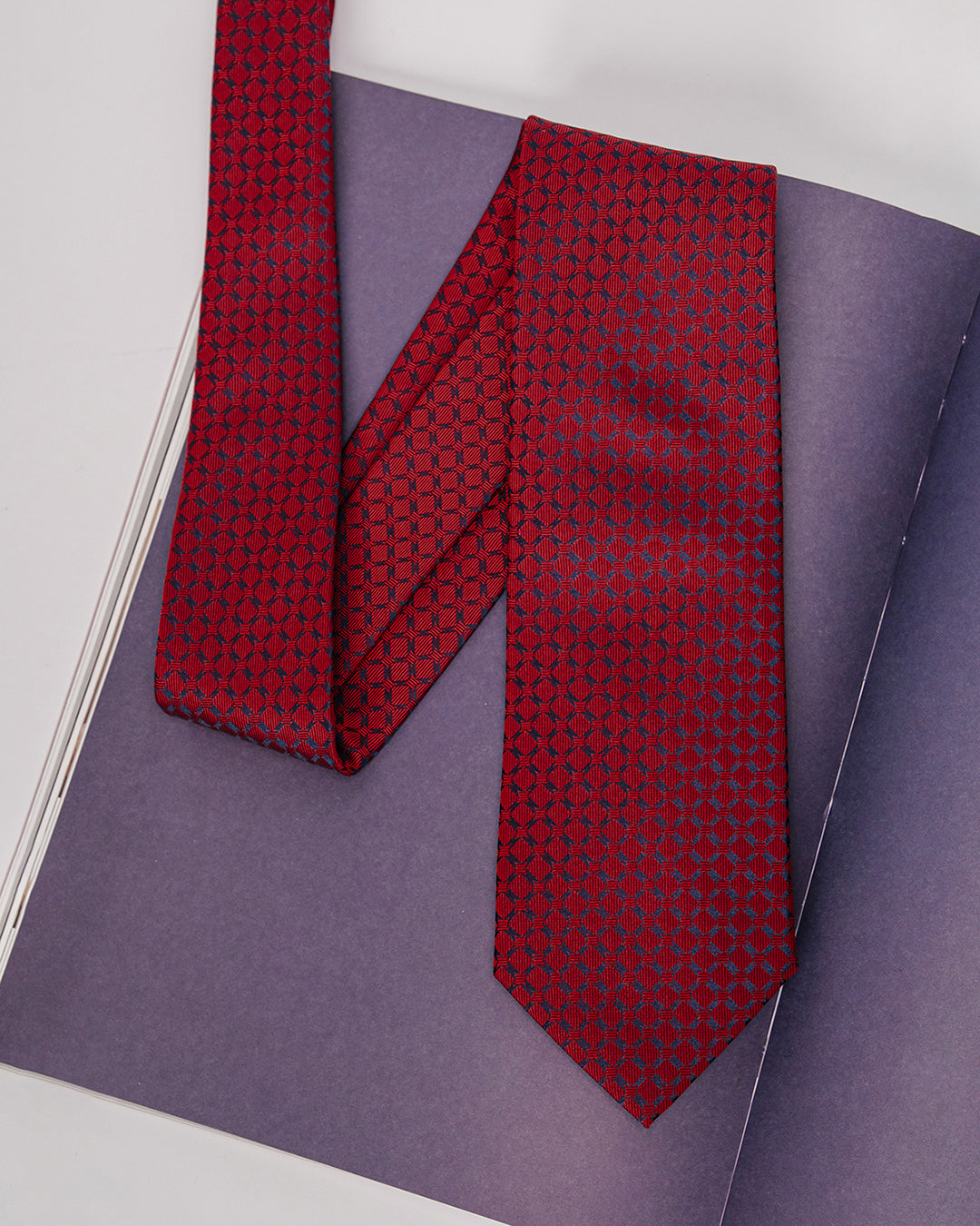 Windowpane Silk Necktie / Red / Band 8cm / 3.2in