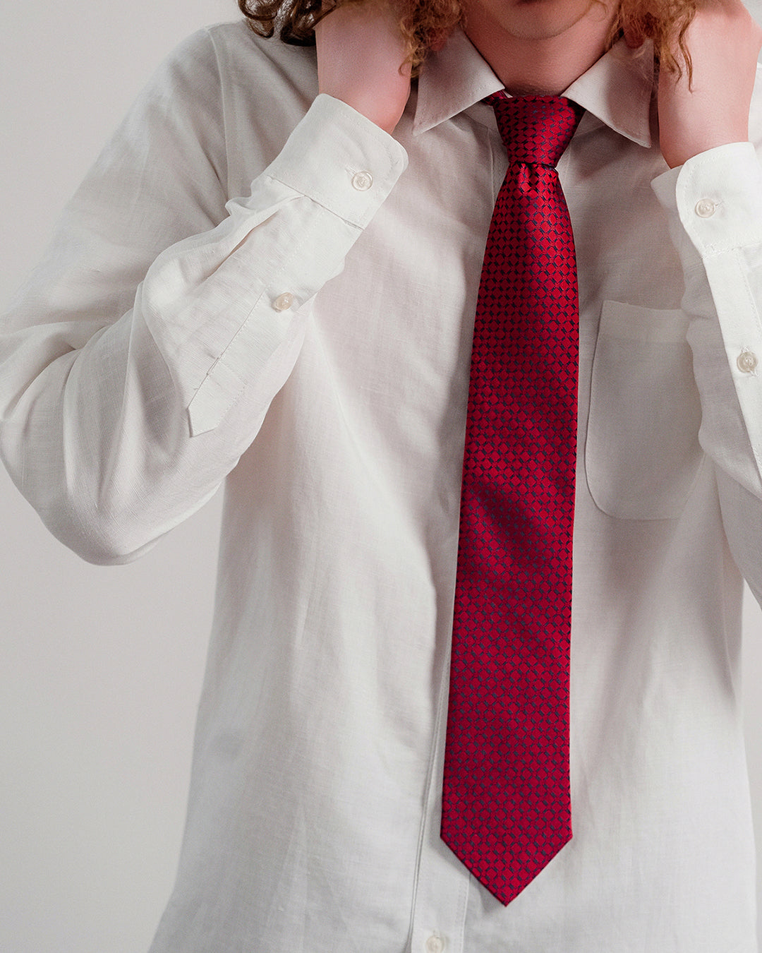 Windowpane Silk Necktie / Red / Band 8cm / 3.2in
