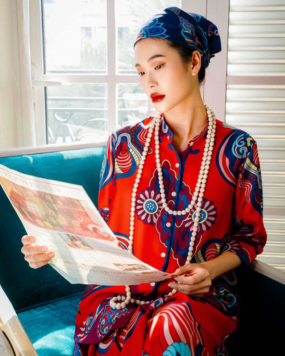 Dragon Of Grace Silk Scarf / Red / 55x55cm / 22x22in